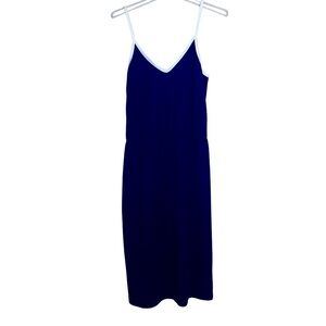 Y2K Navy Blue Vneck Summer Dress with White Trim and Slit Hem Size 12